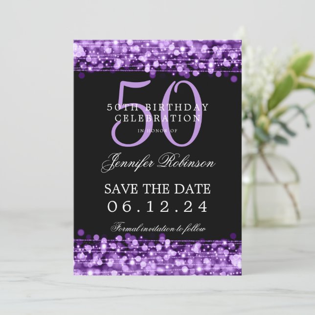 Purple 50th Birthday Party Save Date w/ Details Invitation (Standing Front)