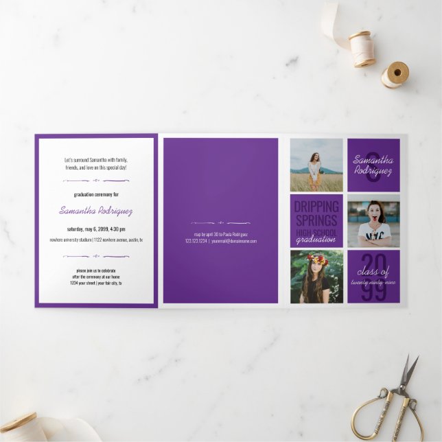 Purple 5-Photo Fun Boxes Graduation Tri-Fold Invitation (Outside)
