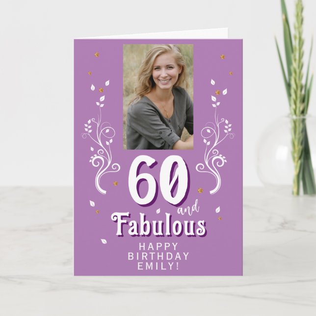 Purple 60 & Fabulous Foliage 60th Birthday Photo  Card (Front)