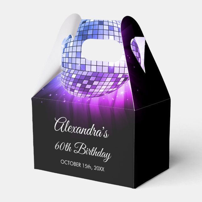Purple 60th Birthday Party 70's Disco Ball Favor Boxes (Front Side)