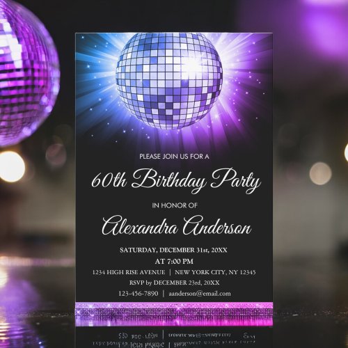 Purple 60th Birthday Party 70s Disco Ball Invitation