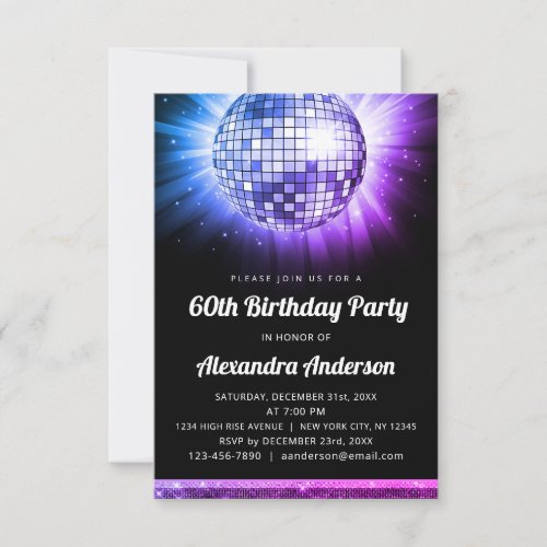 Purple 60th Birthday Party 70s Disco Ball Invitation