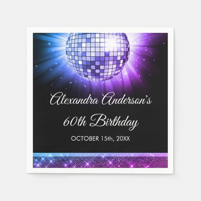 Purple 60th Birthday Party 70's Disco Ball Napkins (Front)