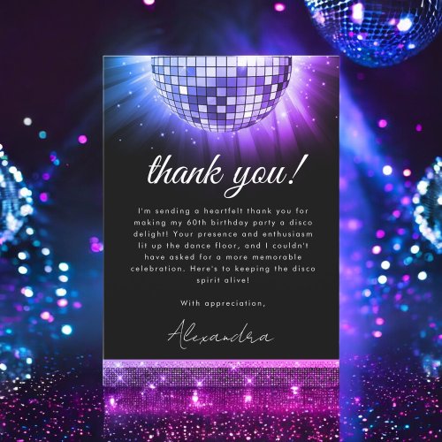 Purple 60th Birthday Party 70s Disco Ball Thank You Card