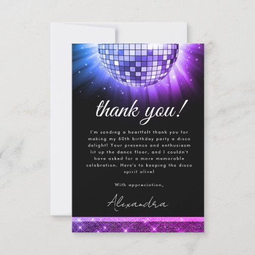 Purple 60th Birthday Party 70s Disco Ball Thank You Card