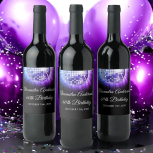Purple 60th Birthday Party 70's Disco Ball Wine Label