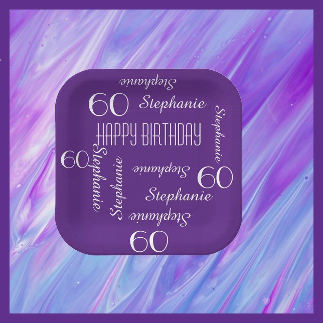 Purple, 60th Birthday Party Repeating Name Square Paper Plates (Creator Uploaded)