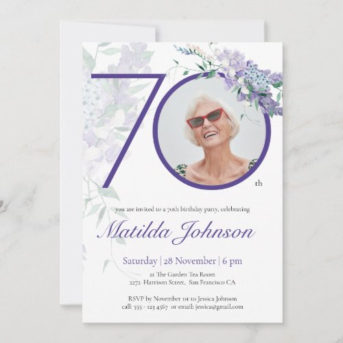 Purple 70th Birthday Floral Wisteria Custom Photo Invitation