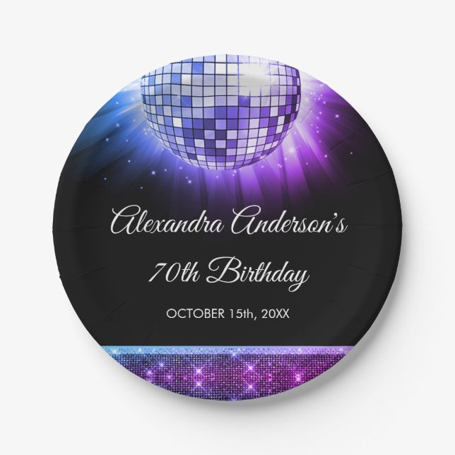 Purple 70th Birthday Party 70's Disco Ball Paper Plates (Front)