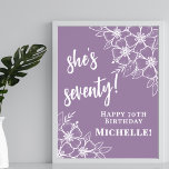 Purple 70th Birthday Party Welcome Poster<br><div class="desc">Seventy Lavender Lilac Vertical Birthday Sign: Celebrate seventy wonderful years with this elegant vertical birthday sign, designed with a soft lavender or lilac purple background. Delicate white flowers are placed in the top right and bottom left corners, creating a graceful and balanced botanical look. A mix of classic serif and...</div>
