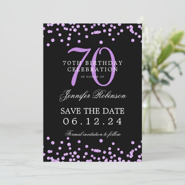 Purple 70th Birthday Save Date Confetti Black  Invitation (Standing Front)