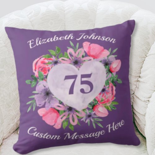 Purple 75th Birthday Pillow for Women