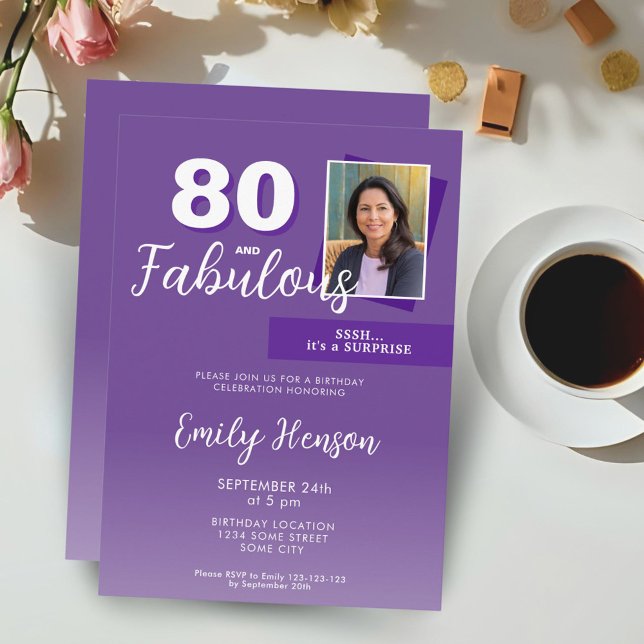 Purple 80 and Fabulous 80th Birthday Party Photo Invitation (Creator Uploaded)