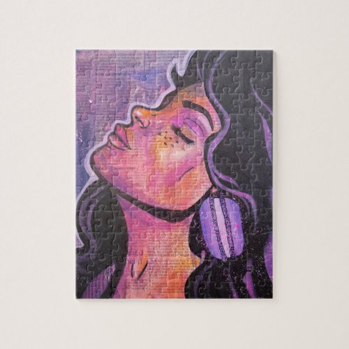 Purple 80s Pop Art Black Hair Feminine Collage Jigsaw Puzzle