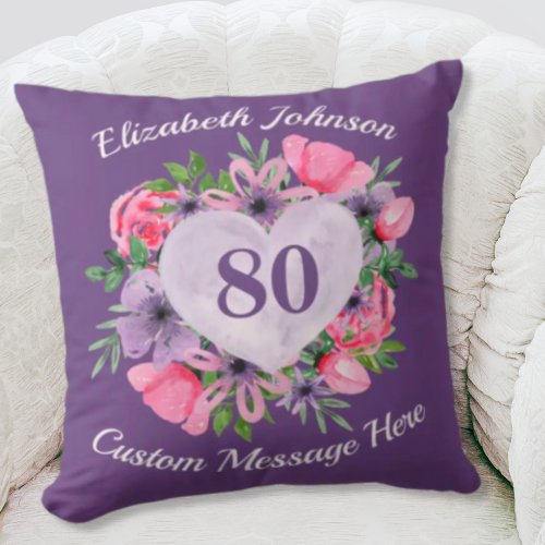 Purple 80th Birthday Pillow for Women