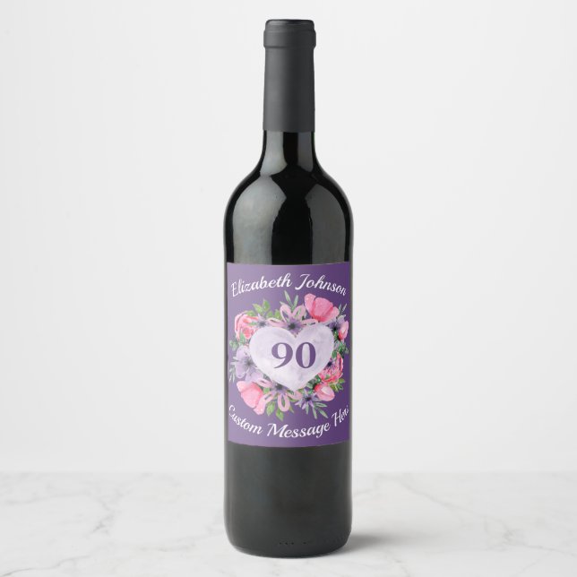 Purple 90th Birthday Wine Bottle Labels (Front)