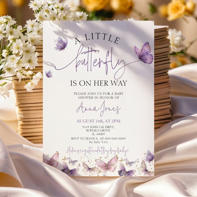 Purple A baby butterfly is on her way baby shower Invitation (Creator Uploaded)