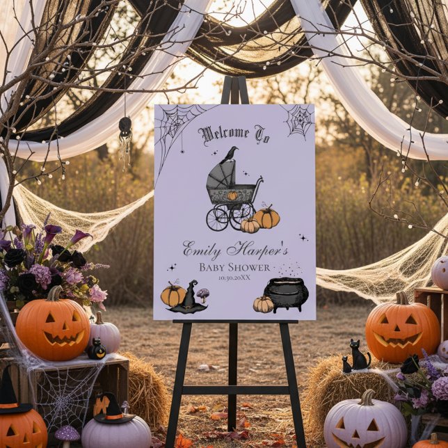Purple A Baby is Brewing Baby Shower Welcome Sign (Spooky Halloween Baby Shower Sign. Purple Victorian Baby Carriage, Witch Hat, Cauldron, Pumpkins)