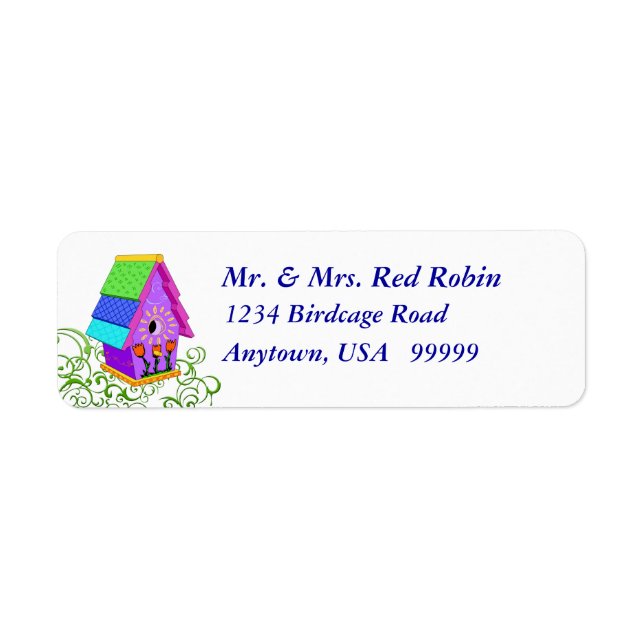 Purple A-Frame Birdhouse Return Address Labels (Front)