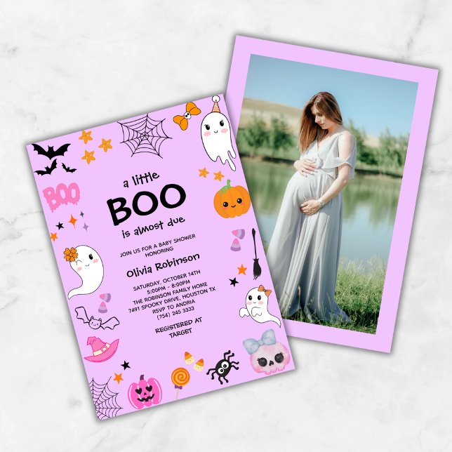 Purple A Little Boo Cute Halloween Baby Shower Invitation (Purple A Little Boo is Almost Due Cute Ghost Halloween Baby Shower Invitation  )