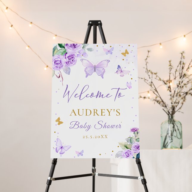 Purple A Little Butterfly Baby Shower Welcome Sign (In Situ (Stand))