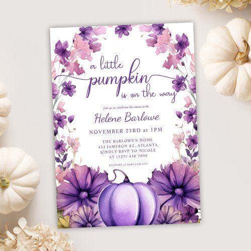 Purple A Little Pumpkin Baby Shower Invitation