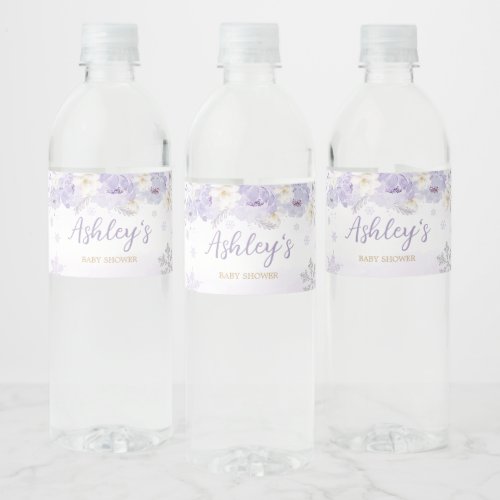 Purple A Little Snowflake Baby Shower  Water Bottle Label