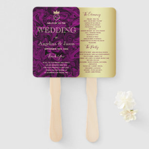 Purple Abstract Art and Gold Foil Wedding Program Hand Fan