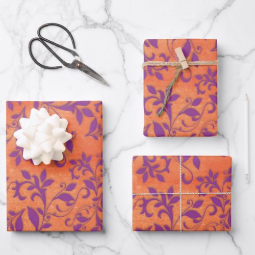 Purple Abstract Floral on Orange Stains Wrapping Paper Sheets