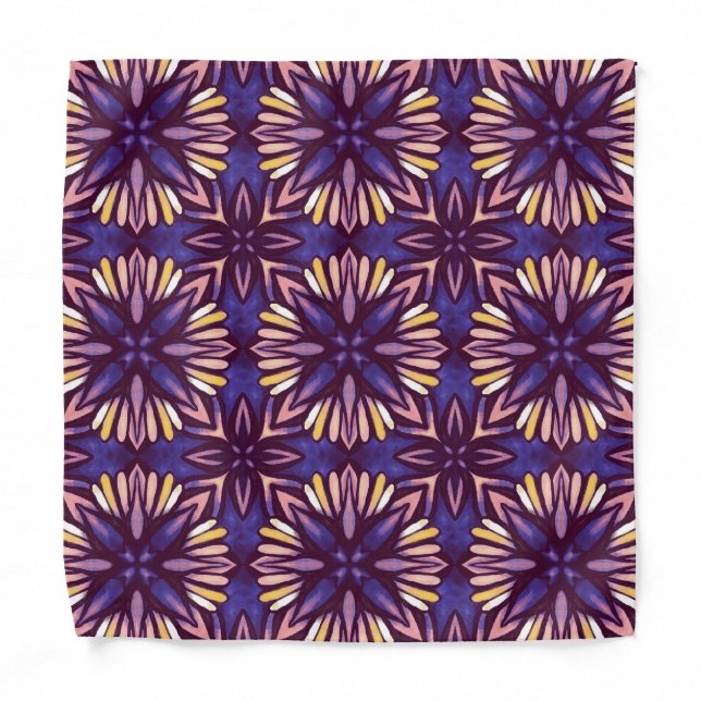 Purple Abstract Floral Pattern Yellow Indigo Boho  Bandana (Front)