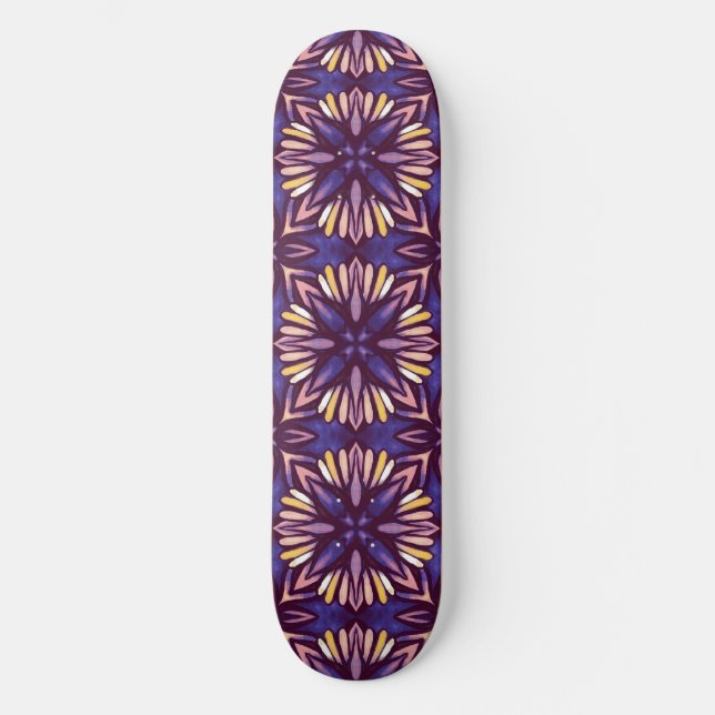 Purple Abstract Floral Pattern Yellow Indigo Boho Skateboard (Front)
