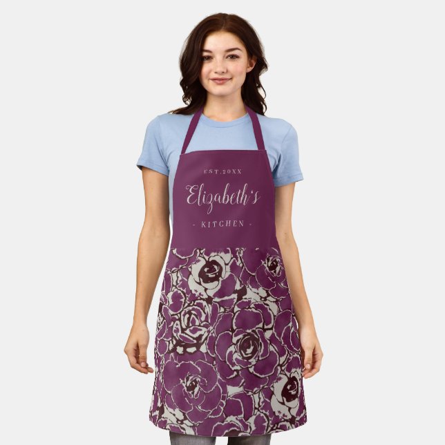 Purple abstract floral personalized cooking apron (Worn)
