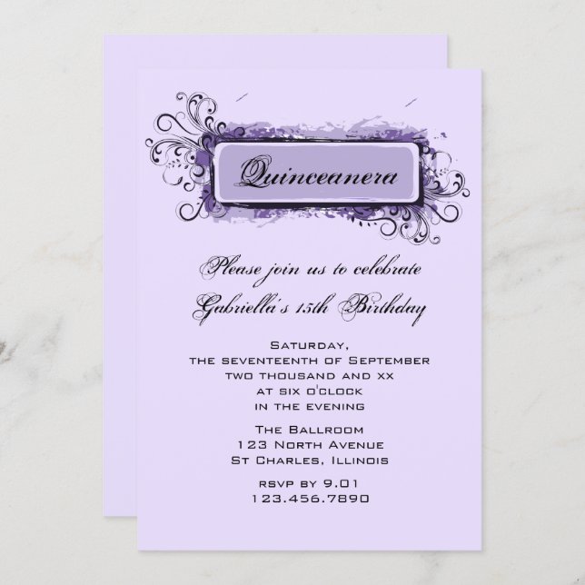 Purple Abstract Floral Quinceanera Birthday Party Invitation (Front/Back)