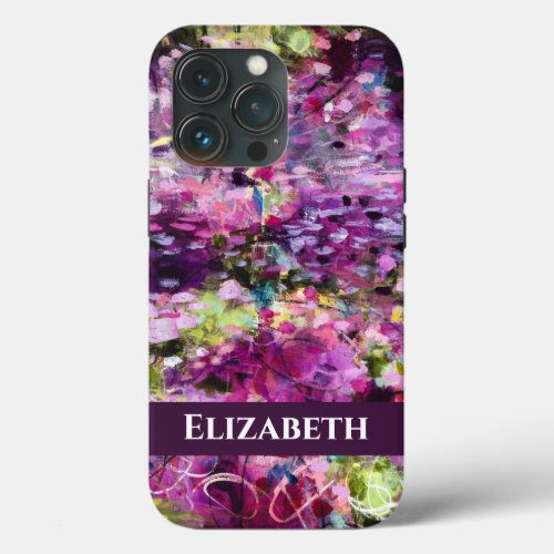 Purple Abstract Floral w Name iPhone Case