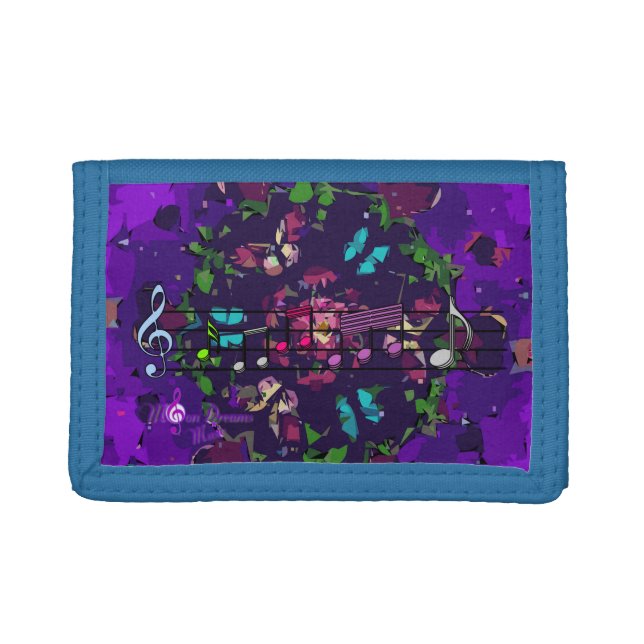 Purple Abstract Flowers & Music Trifold Wallet (Front)