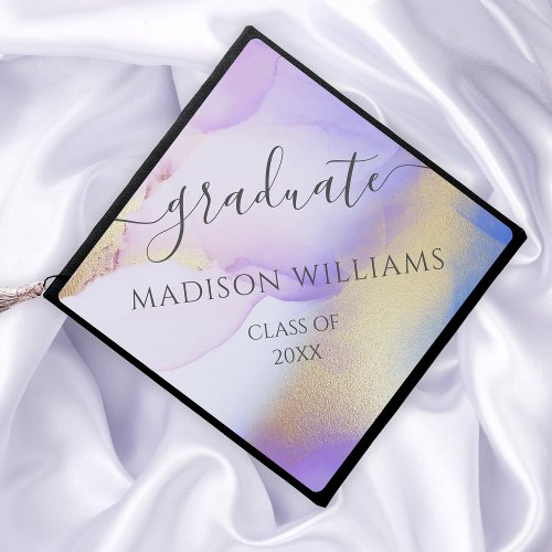 Purple Abstract Ink Luxury Gold Customized Graduation Cap Topper