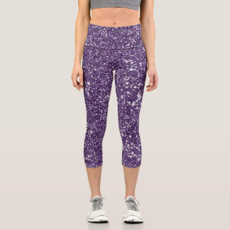 Purple Abstract Printed Glitter Texture Look Capri Leggings