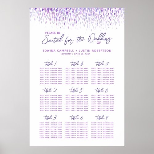 Purple abstract watercolor art wedding table plan poster