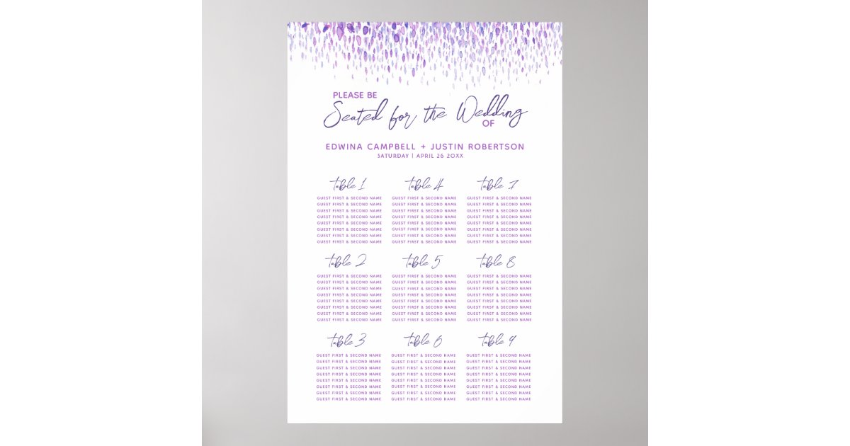 Purple abstract watercolor art wedding table plan poster Zazzle
