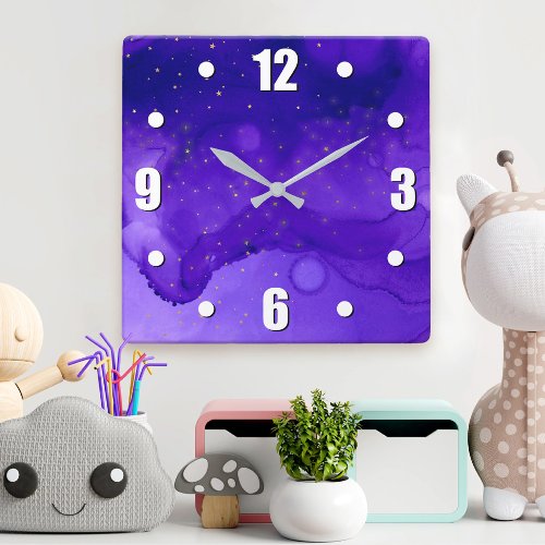 Purple Abstract Watercolor Gold Glitter Stars Bold Square Wall Clock