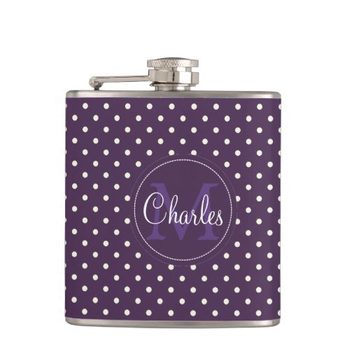 Purple Acai Violet Polka Dots Custom Monogrammed Hip Flask