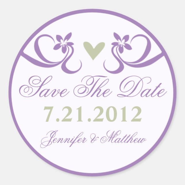 Purple Accent Green Heart Save The Date Stickers (Front)