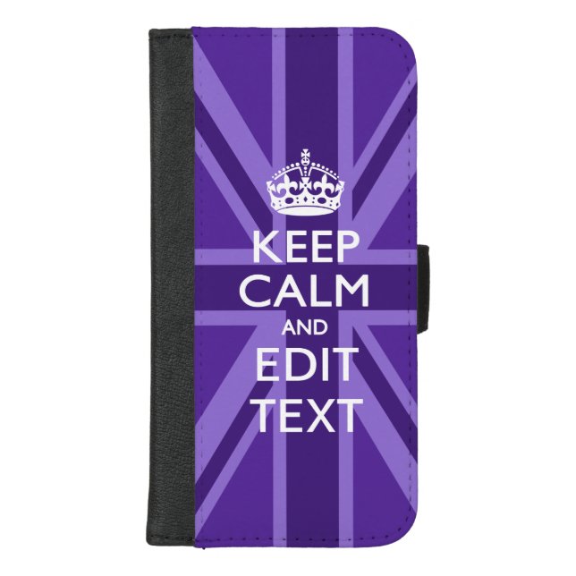 Purple Accent Keep Calm And Your Text Union Jack iPhone Wallet Case (Front)