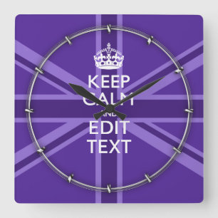 Purple Accent Keep Calm And Your Text Union Jack Square Wall Clock