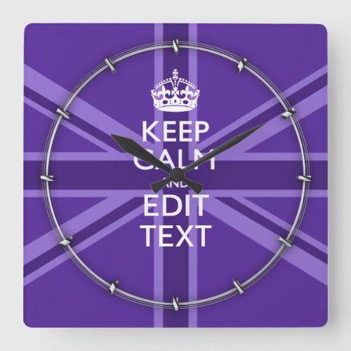 Purple Accent Keep Calm And Your Text Union Jack Square Wall Clock