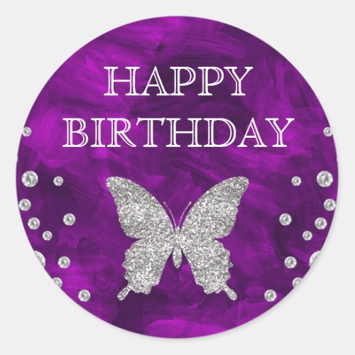 Purple Acrylic  Silver Glitter Butterfly Birthday Classic Round Sticker