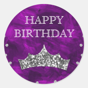 Purple Acrylic & Silver Glitter Crown Birthday Classic Round Sticker