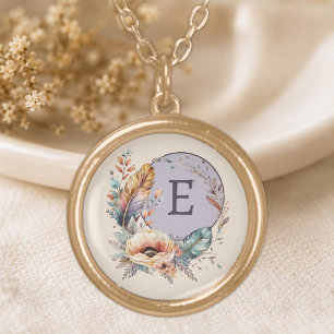 Purple add initial floral gold plated necklace