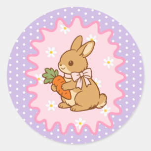 Purple Adorable Bunny Carrot & Daisy Classic Round Sticker