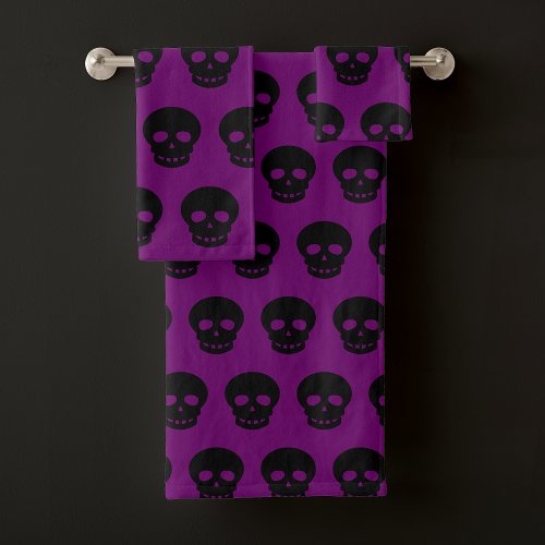 Purple Aesthetic Goth Black Skull Pattern Bath Towel Set